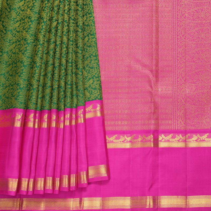 Hayagrivas Handloom Bottle Green Kanjivaram Silk Saree with Rani Pink Border KBF455F38-1