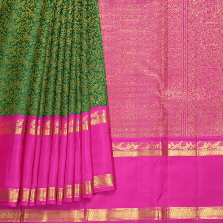 Hayagrivas Handloom Bottle Green Kanjivaram Silk Saree with Rani Pink Border KBF455F38-1