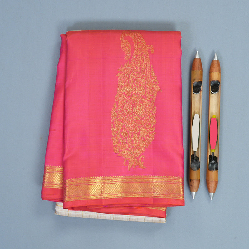 Hayagrivas Handloom Half-White Kanjivaram Silk Saree with Orangish-Pink Border KBF455F42-1