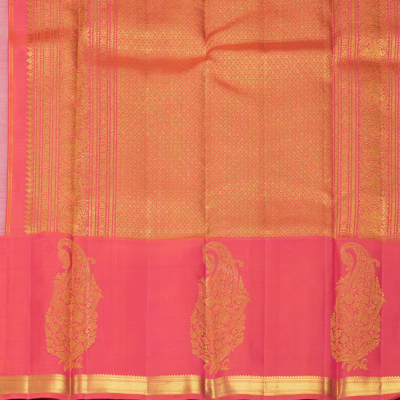 Hayagrivas Handloom Half-White Kanjivaram Silk Saree with Orangish-Pink Border KBF455F42-1