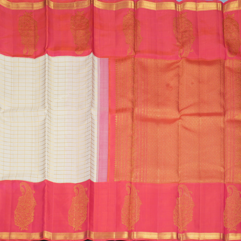 Hayagrivas Handloom Half-White Kanjivaram Silk Saree with Orangish-Pink Border KBF455F42-1