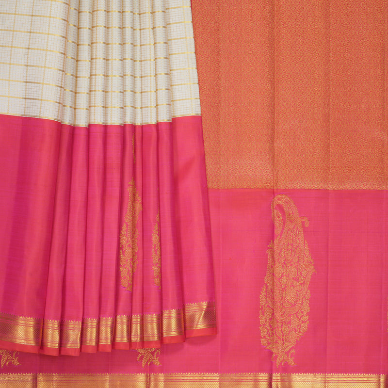 Hayagrivas Handloom Half-White Kanjivaram Silk Saree with Orangish-Pink Border KBF455F42-1