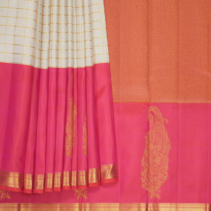 Hayagrivas Handloom Half-White Kanjivaram Silk Saree with Orangish-Pink Border KBF455F42-1