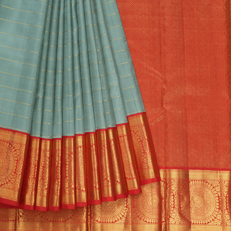 Hayagrivas Handloom Cement Green Kanjivaram Silk Saree with Red Border KBF455F5-1