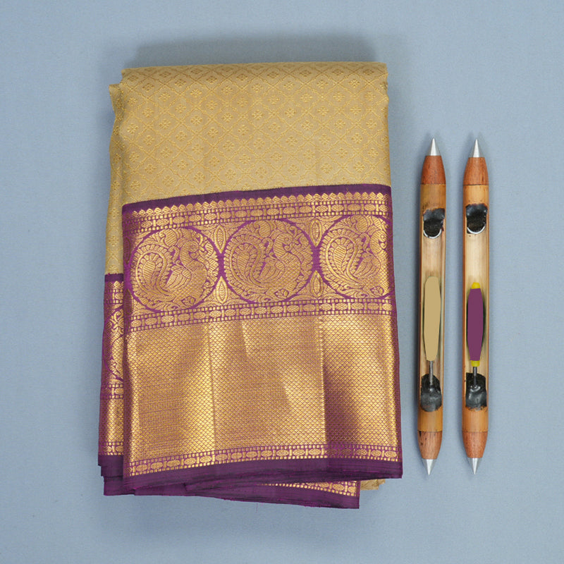 Hayagrivas Handloom Sandal Beige Kanjivaram Silk Saree with Purple Border KBF455F51-1