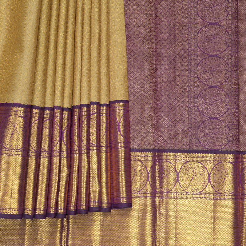 Hayagrivas Handloom Sandal Beige Kanjivaram Silk Saree with Purple Border KBF455F51-1