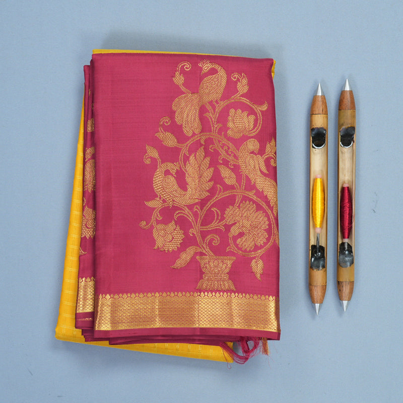 Hayagrivas Handloom Yellow Kanjivaram Silk Saree with Maroon Border KBF455F52-1