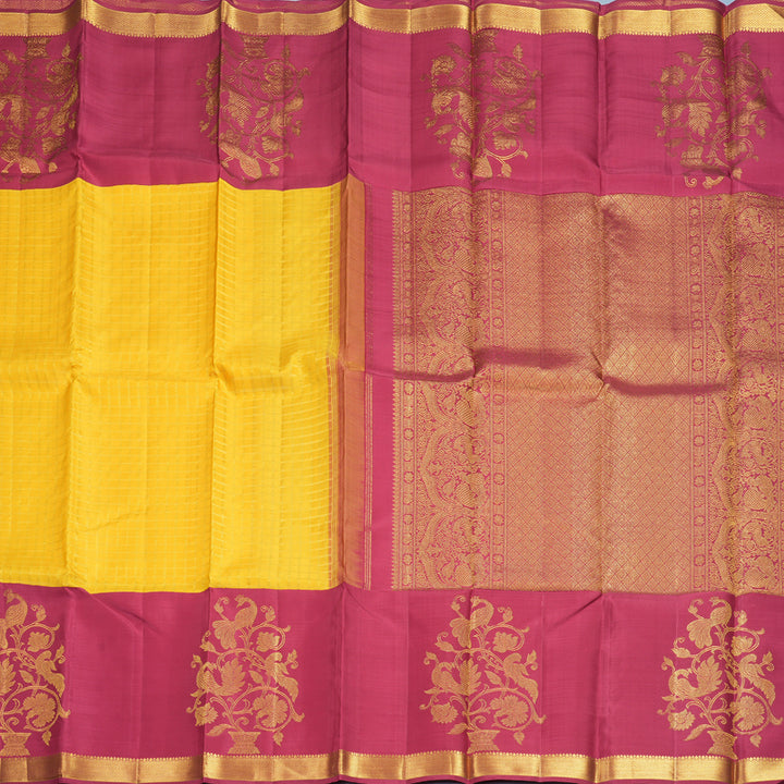 Hayagrivas Handloom Yellow Kanjivaram Silk Saree with Maroon Border KBF455F52-1