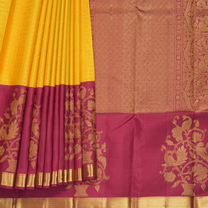 Hayagrivas Handloom Yellow Kanjivaram Silk Saree with Maroon Border KBF455F52-1