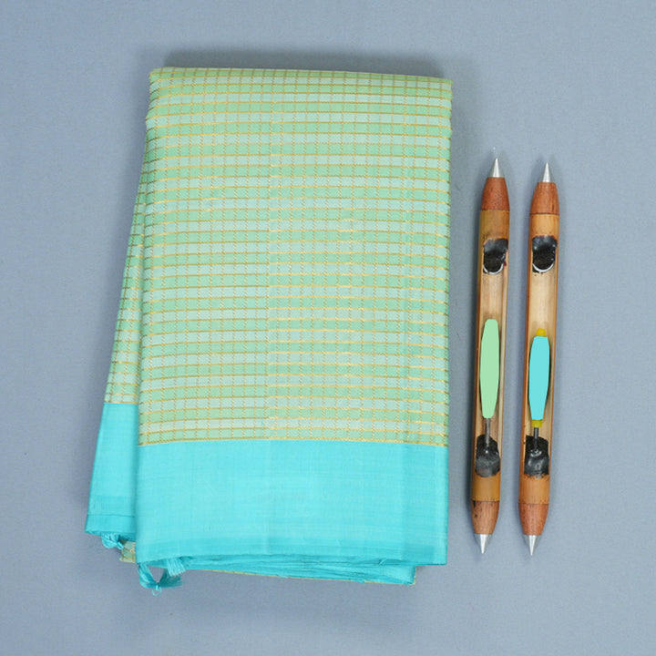 Hayagrivas Handloom Pista Green Checks Kanjivaram Silk Saree with Sky Blue Border KBF455F53-1