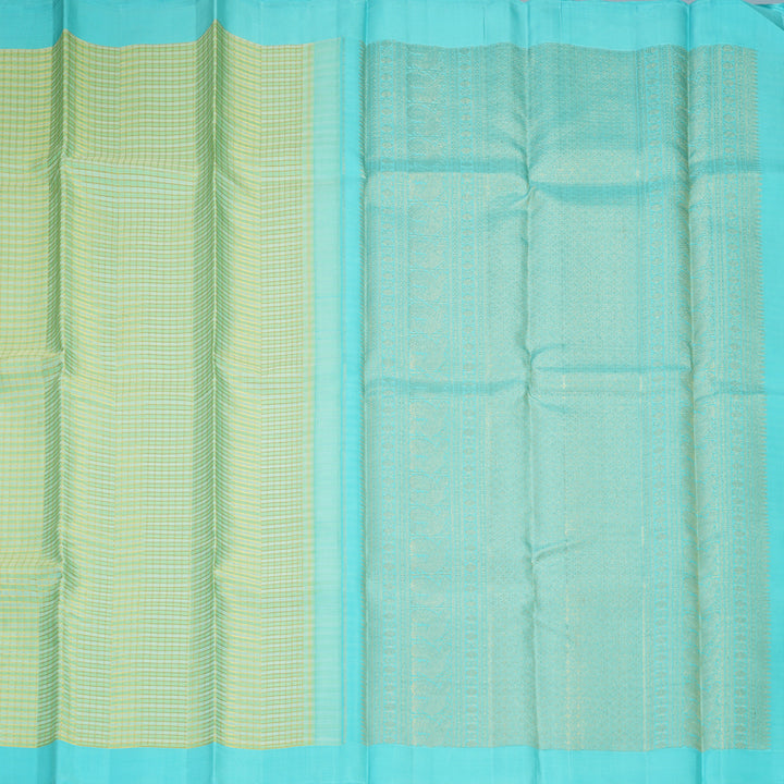 Hayagrivas Handloom Pista Green Checks Kanjivaram Silk Saree with Sky Blue Border KBF455F53-1