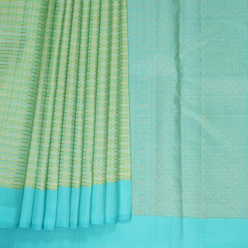 Hayagrivas Handloom Pista Green Checks Kanjivaram Silk Saree with Sky Blue Border KBF455F53-1