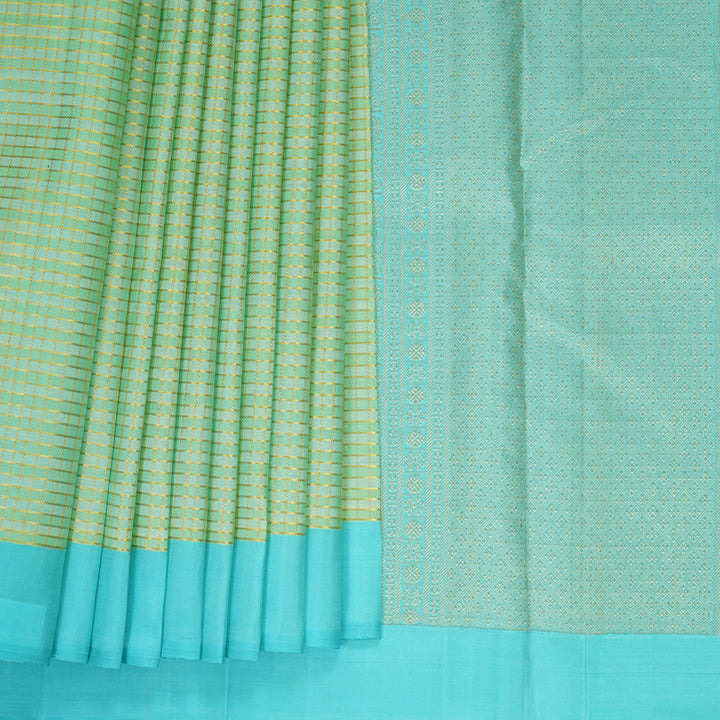 Hayagrivas Handloom Pista Green Checks Kanjivaram Silk Saree with Sky Blue Border KBF455F53-1