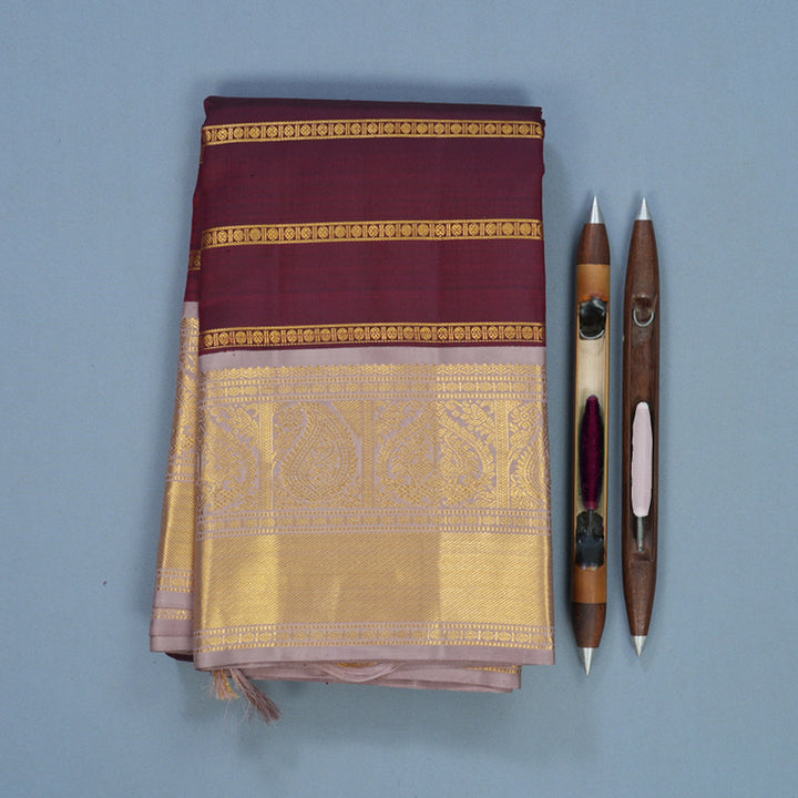 Hayagrivas Handloom Maroon Kanjivaram Silk Saree with Onion Pink Border KBF455F8-1