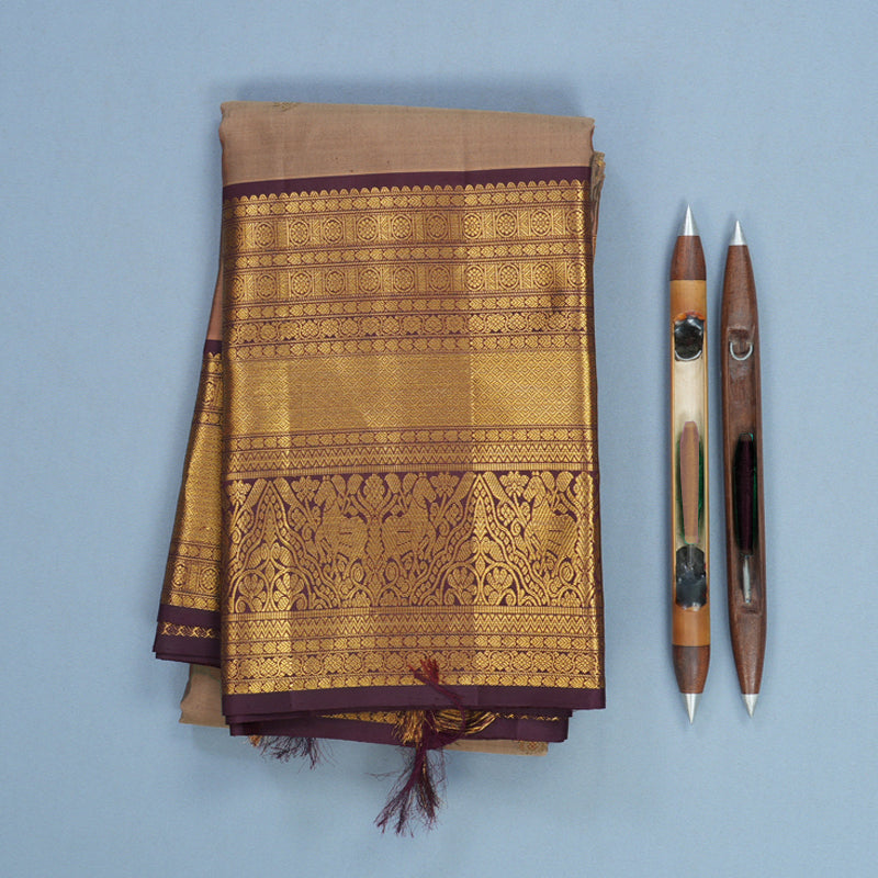 Hayagrivas Handloom Light Brown Kanjivaram Silk Saree with Coffee Brown Border KBF462F2-1