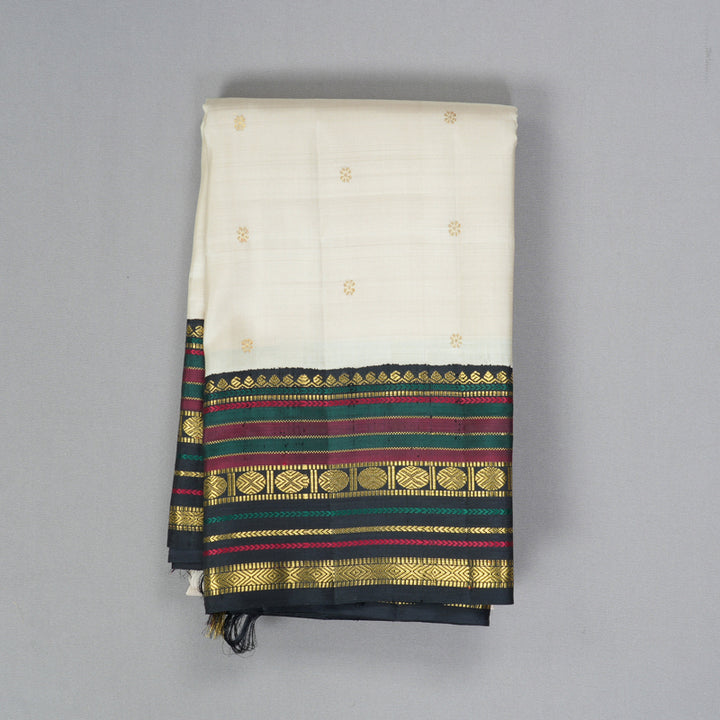 Hayagrivas Handloom Half-White Kanjivaram Silk Saree with Karum Neelam Border KBF463F3-1