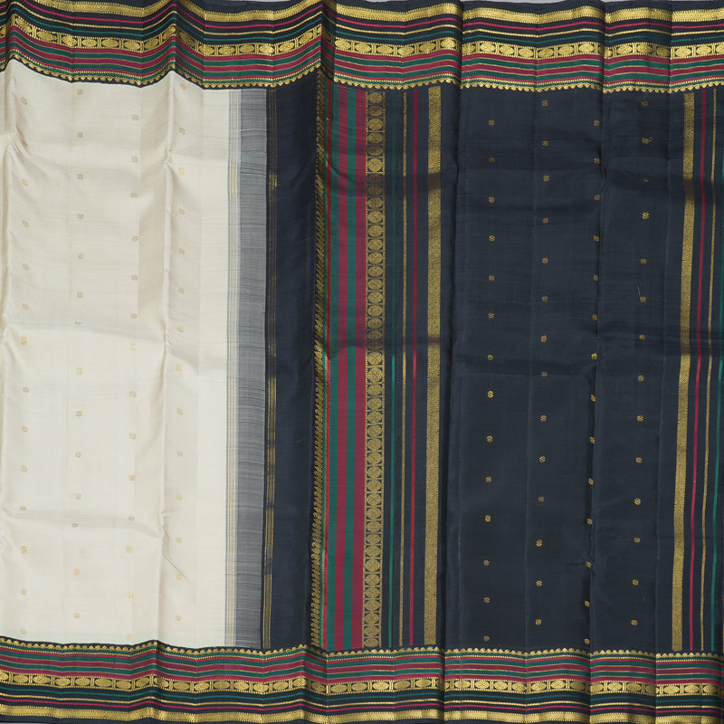 Hayagrivas Handloom Half-White Kanjivaram Silk Saree with Karum Neelam Border KBF463F3-1