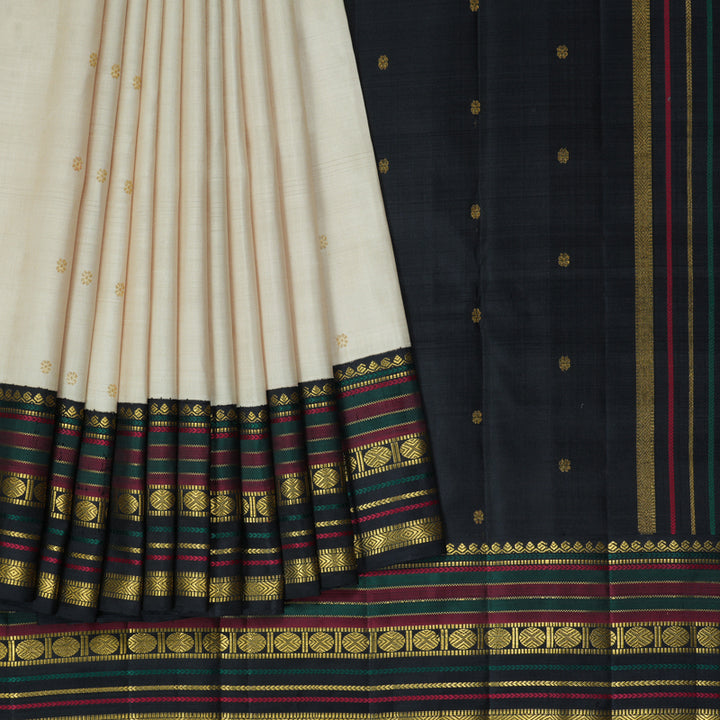 Hayagrivas Handloom Half-White Kanjivaram Silk Saree with Karum Neelam Border KBF463F3-1