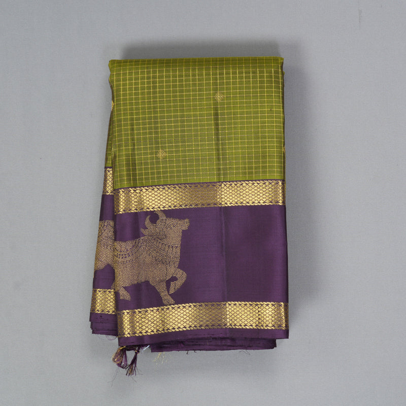 Hayagrivas Handloom Olive Green Kanjivaram Silk Saree with Purple Border KBF463F5-1