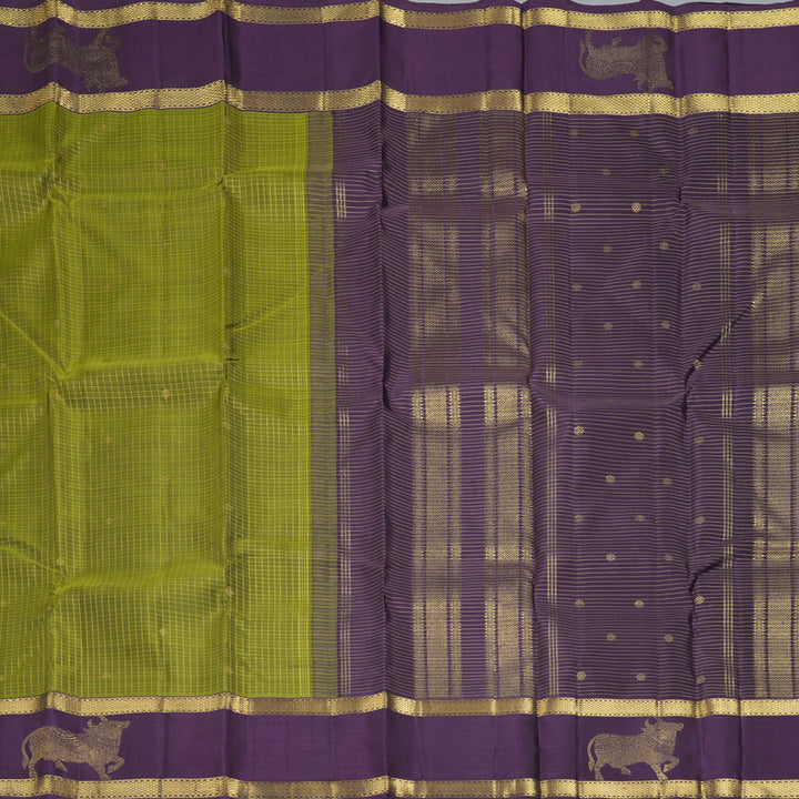 Hayagrivas Handloom Olive Green Kanjivaram Silk Saree with Purple Border KBF463F5-1