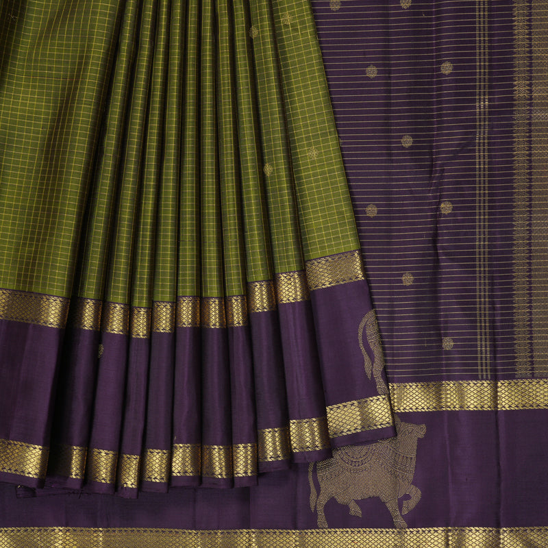 Hayagrivas Handloom Olive Green Kanjivaram Silk Saree with Purple Border KBF463F5-1