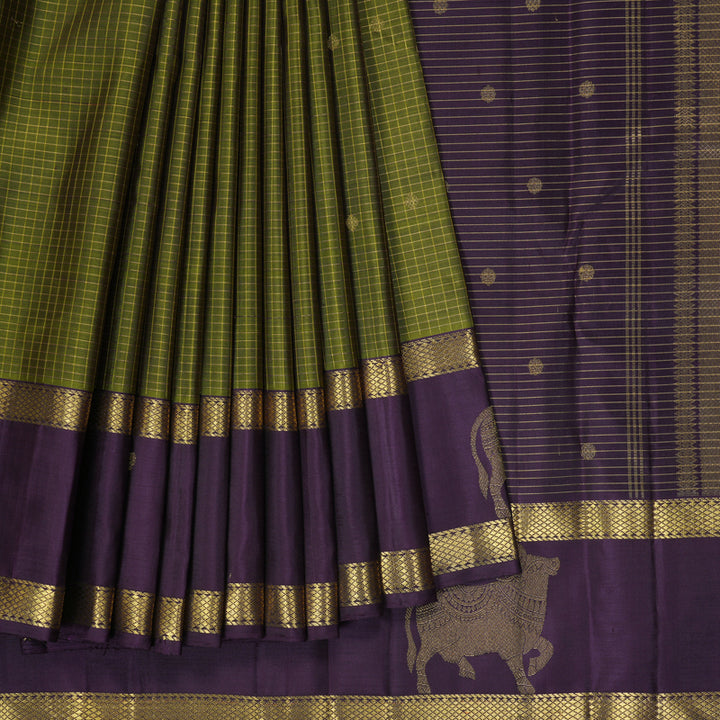 Hayagrivas Handloom Olive Green Kanjivaram Silk Saree with Purple Border KBF463F5-1