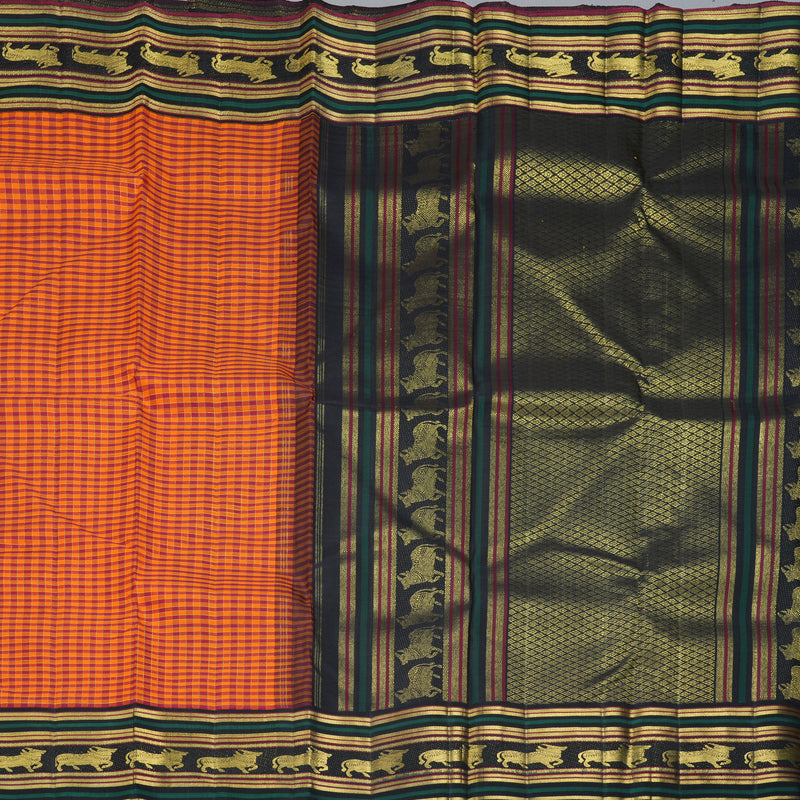 Hayagrivas Handloom Maroon & Orange Checks Kanjivaram Silk Saree KBF463F6-1