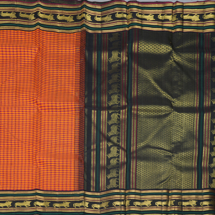 Hayagrivas Handloom Maroon & Orange Checks Kanjivaram Silk Saree KBF463F6-1