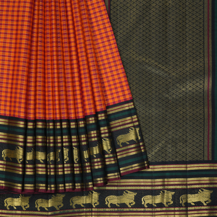 Hayagrivas Handloom Maroon & Orange Checks Kanjivaram Silk Saree KBF463F6-1