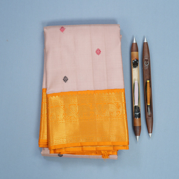 Hayagrivas Handloom Onion Pink Kanjivaram Silk Saree with Turmeric Yellow Border KBF464F1-1
