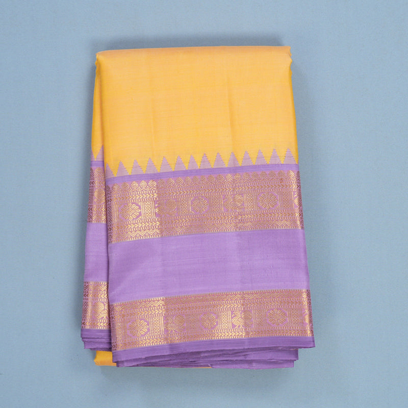 Hayagrivas Handloom Peach-Yellow Kanjivaram Silk Saree with Lilac Border KBF464F4-1