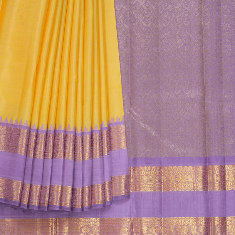 Hayagrivas Handloom Peach-Yellow Kanjivaram Silk Saree with Lilac Border KBF464F4-1