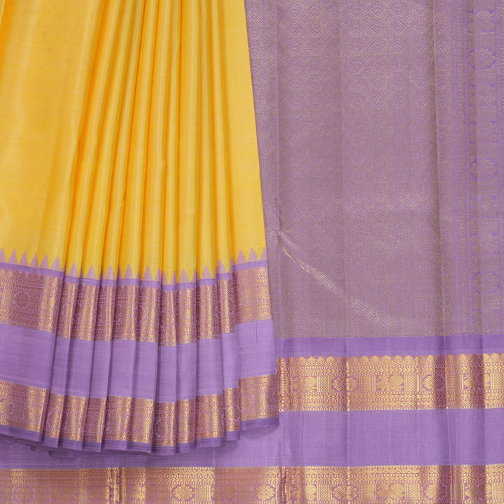 Hayagrivas Handloom Peach-Yellow Kanjivaram Silk Saree with Lilac Border KBF464F4-1