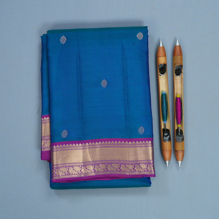 Hayagrivas Handloom Peaock Blue Kanjivaram Silk Saree with Purple Border KBF465F11-1