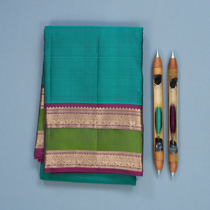 Hayagrivas Handloom Cyan Blue Kanjivaram Silk Saree with Purple Border KBF465F9-1