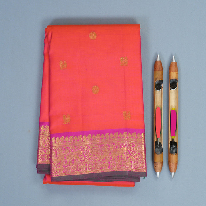 Hayagrivas Handloom Orangish-Pink Kanjivaram Silk Saree with Rani Pink Border KBF466F2-1