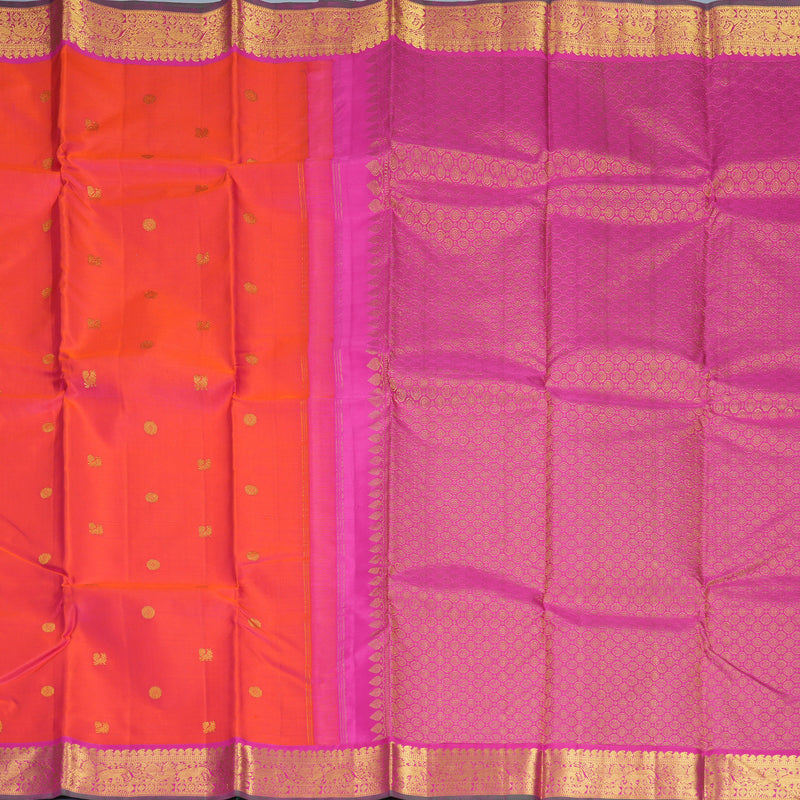 Hayagrivas Handloom Orangish-Pink Kanjivaram Silk Saree with Rani Pink Border KBF466F2-1