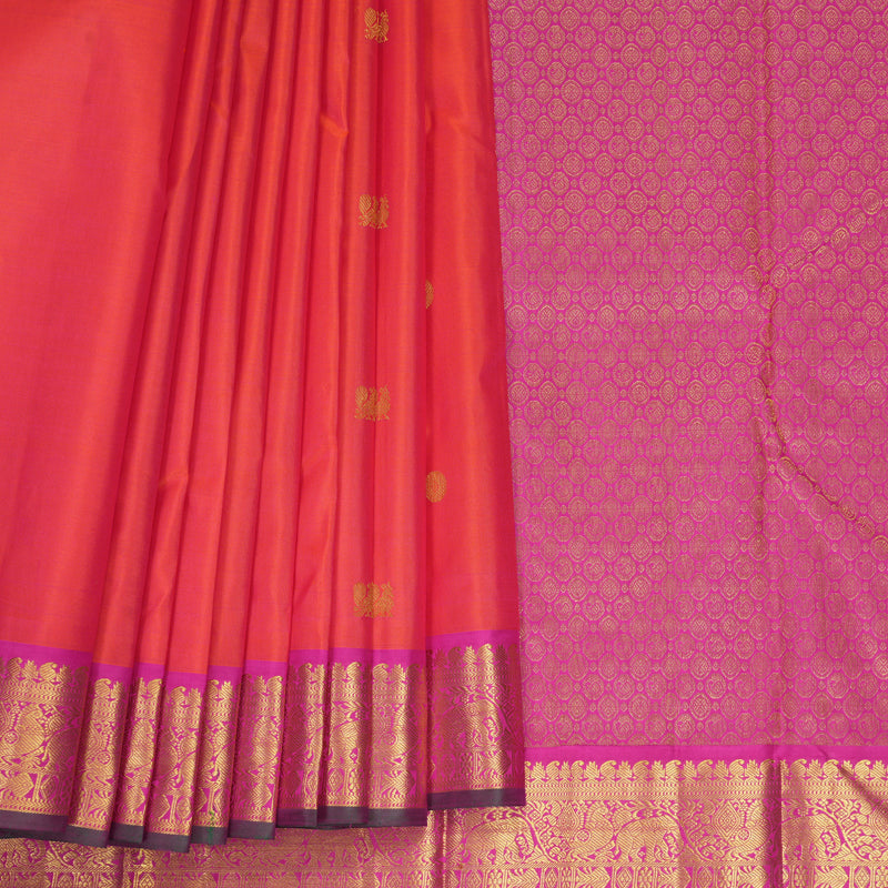 Hayagrivas Handloom Orangish-Pink Kanjivaram Silk Saree with Rani Pink Border KBF466F2-1