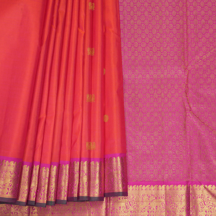 Hayagrivas Handloom Orangish-Pink Kanjivaram Silk Saree with Rani Pink Border KBF466F2-1