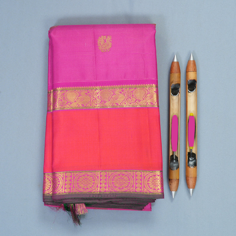 Hayagrivas Handloom Rani Pink Kanjivaram Silk Saree with Orangish-Pink Border KBF466F4-1