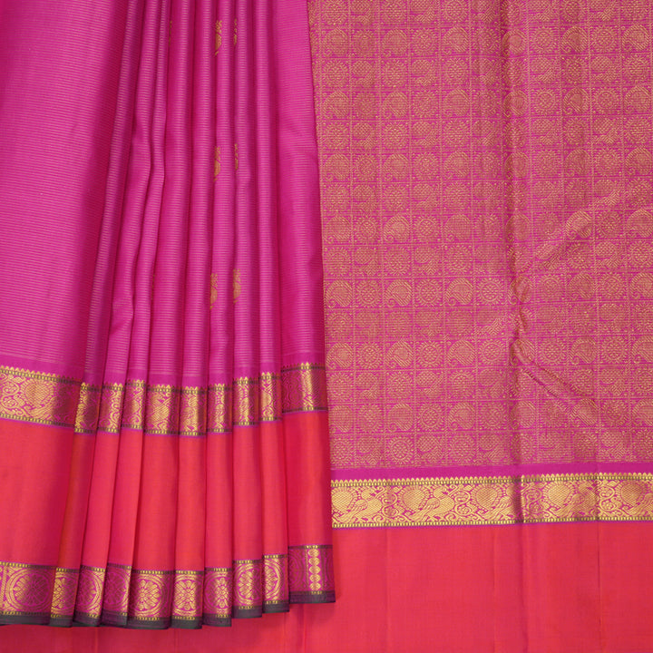 Hayagrivas Handloom Rani Pink Kanjivaram Silk Saree with Orangish-Pink Border KBF466F4-1
