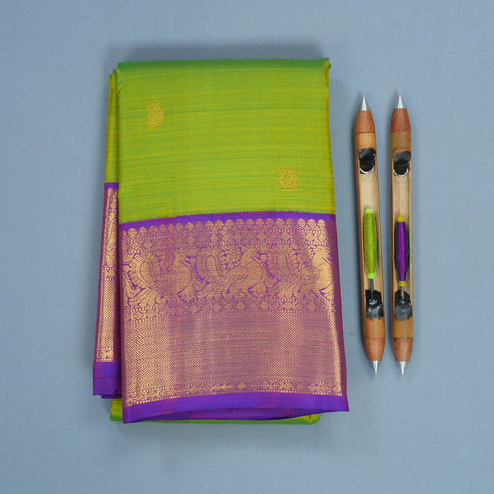 Hayagrivas Handloom Fluorescent Green Kanjivaram Silk Saree with Purple Border KBF466F8-4