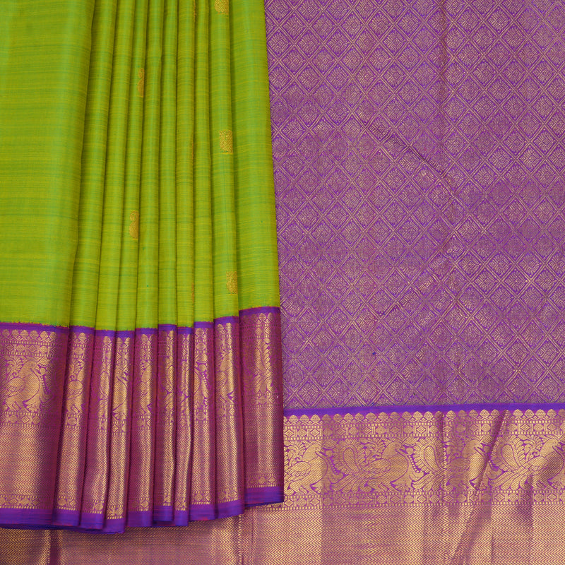 Hayagrivas Handloom Fluorescent Green Kanjivaram Silk Saree with Purple Border KBF466F8-4