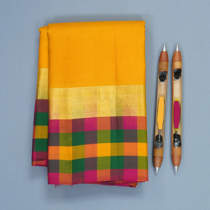 Hayagrivas Handloom Mustard Yellow Kanjivaram Silk Saree with Multicolour Checks Border KBF467F9-18