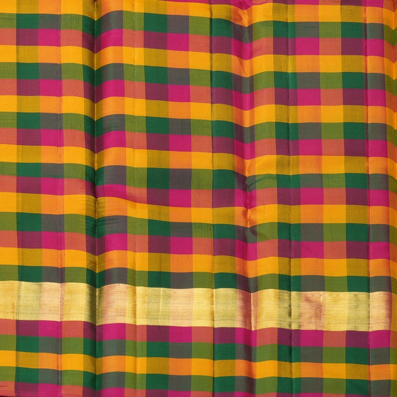 Hayagrivas Handloom Mustard Yellow Kanjivaram Silk Saree with Multicolour Checks Border KBF467F9-18