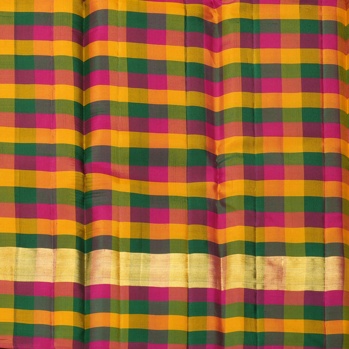 Hayagrivas Handloom Mustard Yellow Kanjivaram Silk Saree with Multicolour Checks Border KBF467F9-18