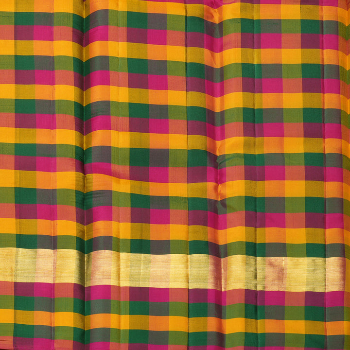 Hayagrivas Handloom Mustard Yellow Kanjivaram Silk Saree with Multicolour Checks Border KBF467F9-18