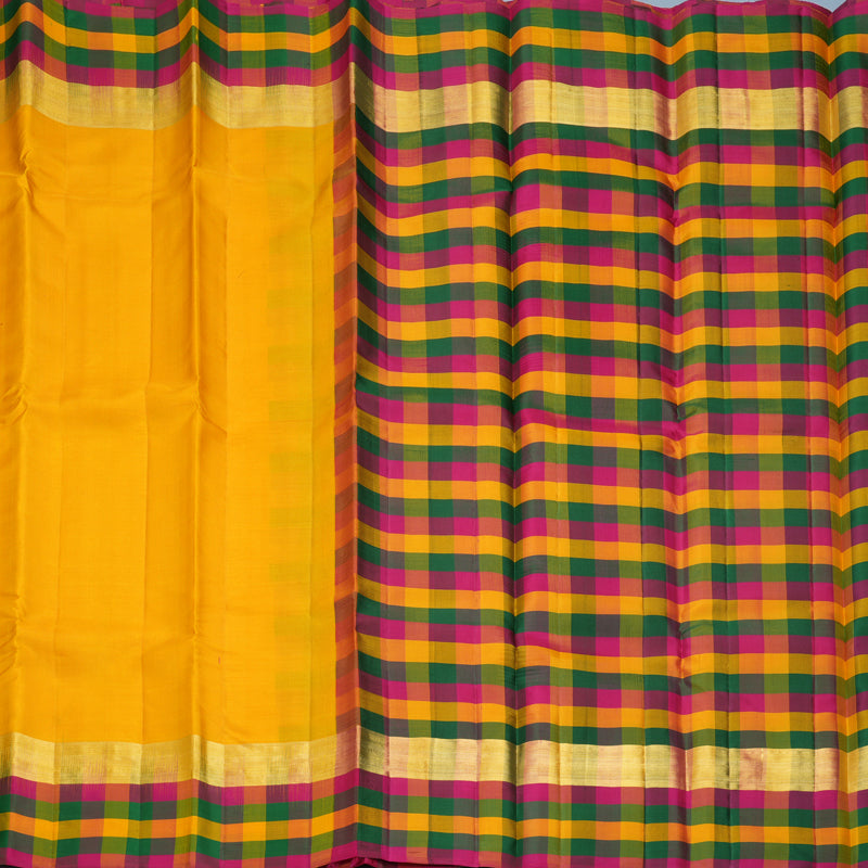 Hayagrivas Handloom Mustard Yellow Kanjivaram Silk Saree with Multicolour Checks Border KBF467F9-18