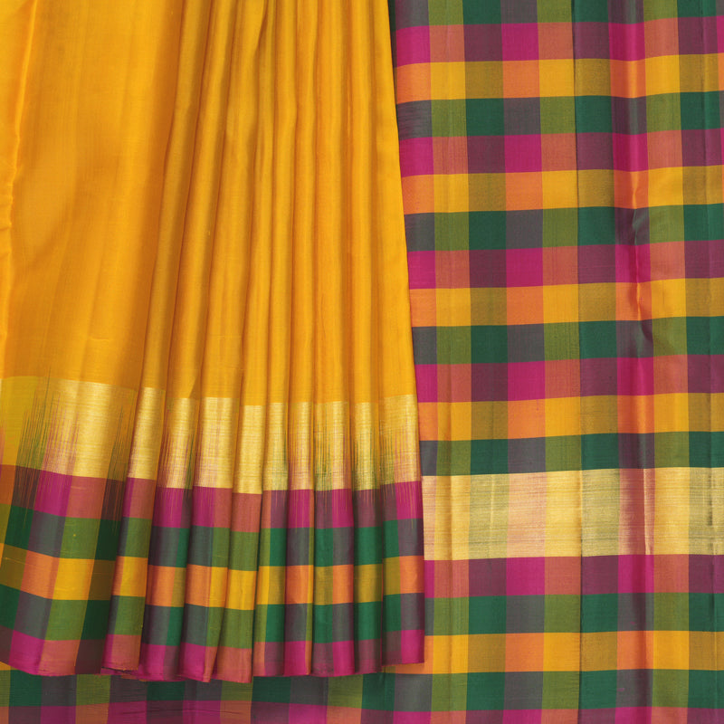 Hayagrivas Handloom Mustard Yellow Kanjivaram Silk Saree with Multicolour Checks Border KBF467F9-18