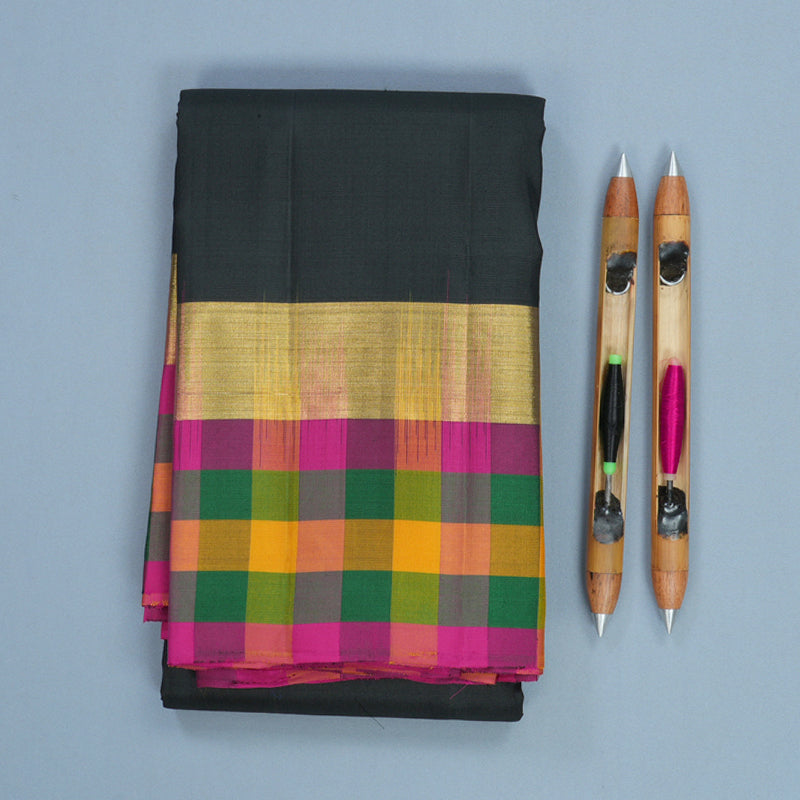 Hayagrivas Handloom Black Kanjivaram Silk Saree with Multicolour Checks Border KBF467F9-26